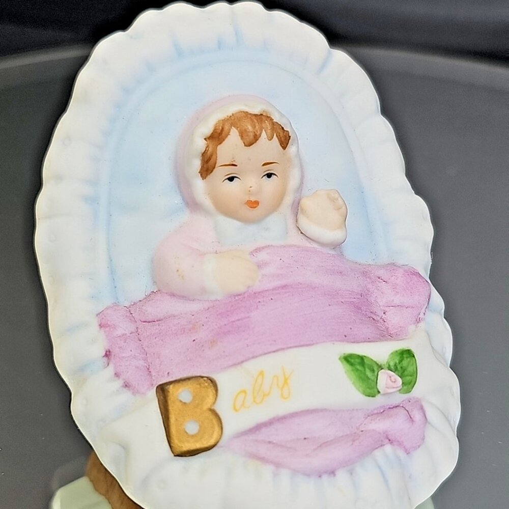 Vintage Enesco Porcelain Newborn Blonde Baby Girl in Bassinet 1987